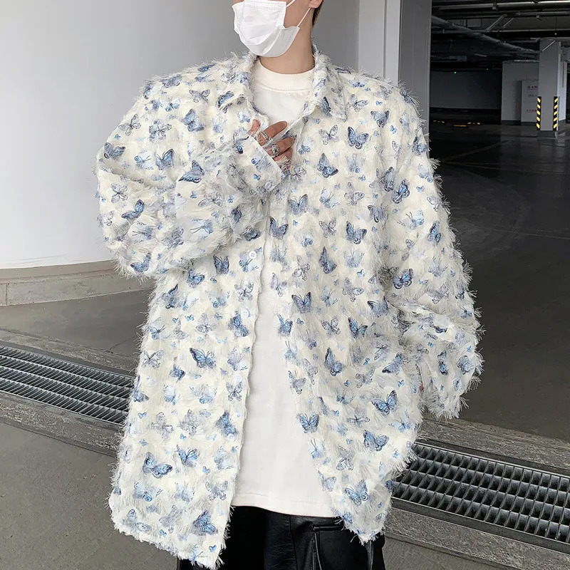 Summer Thin Shirt Three-dimensional Butterfly Decor Long Sleeve Shirt Tassel Casual Fashion Loose Male Sun-proof Clothing 250224