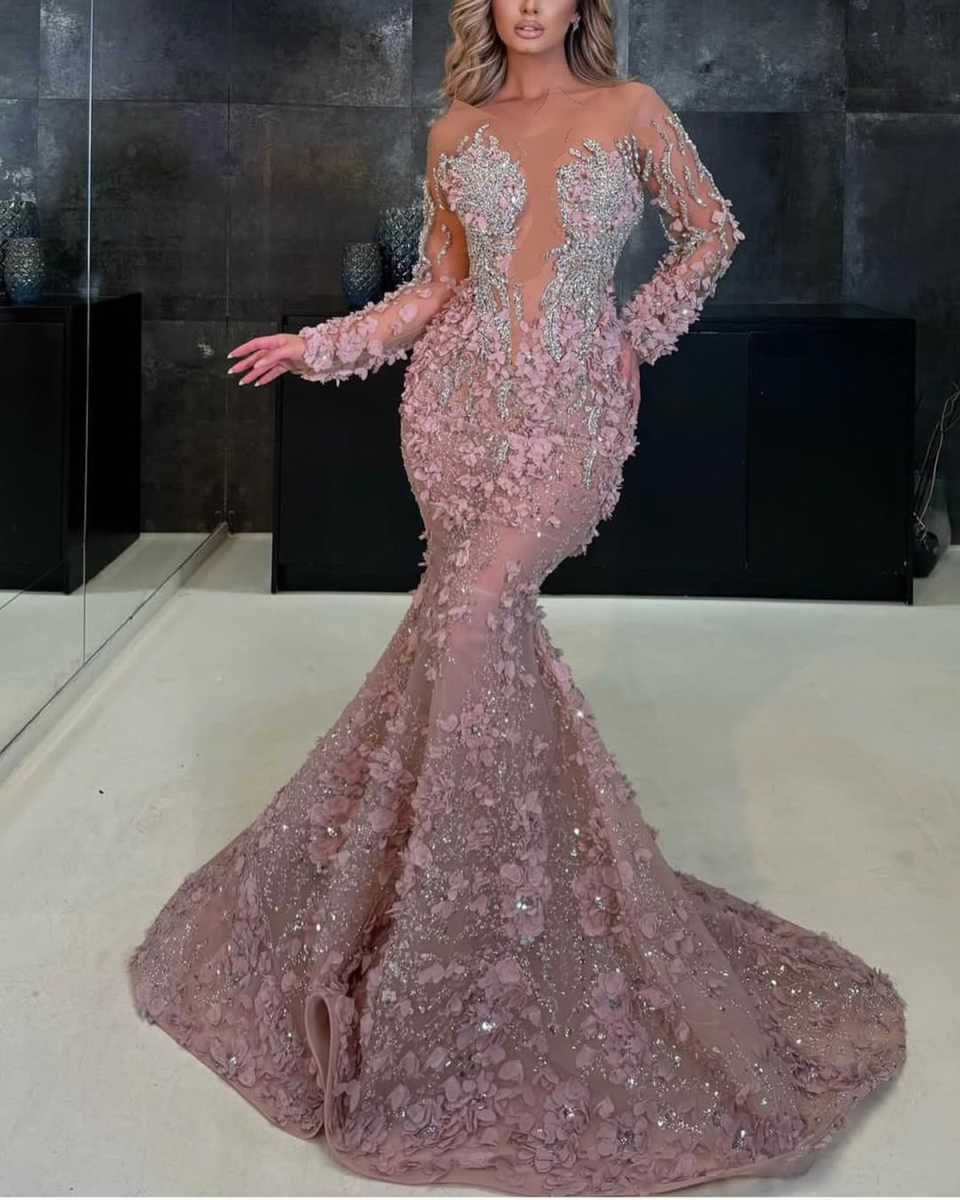 Saudi Arabia Mermaid Prom Dresses 3D Flowers Appliques Long Sleeve Special Occasion Dress Crystal Beads Evening Gowns Customized