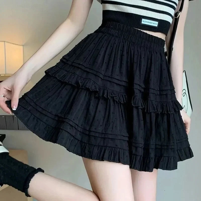 Sweet Cute Lace Mini Skirt Women Kawaii White Ruffles Pleated Short Skirts Woman 2025 Summer Korean High Waist A Line Skirts 250224