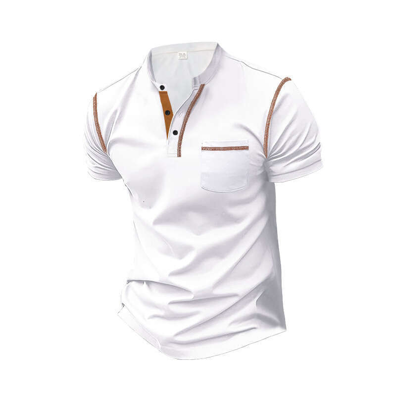 2024 Summer Short sleeved Henley Shirt Men's Round Neck Color Block T-shirt