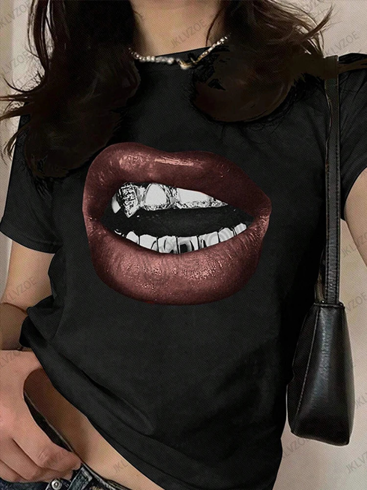Summer Sporty Cotton T-Shirts Lip Printed Female Clothing Short Sleeve O-neck Tees Funny Women T Shirt Vintage Unisex Tops 250227