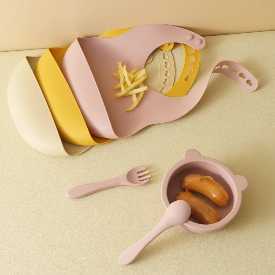 Mamaplan Baby Silicone Feeding Dishes Plate Sucker Bowl Waterproof Bib Solid Color Spoon Fork Childrens Tableware Baby Stuff 250227