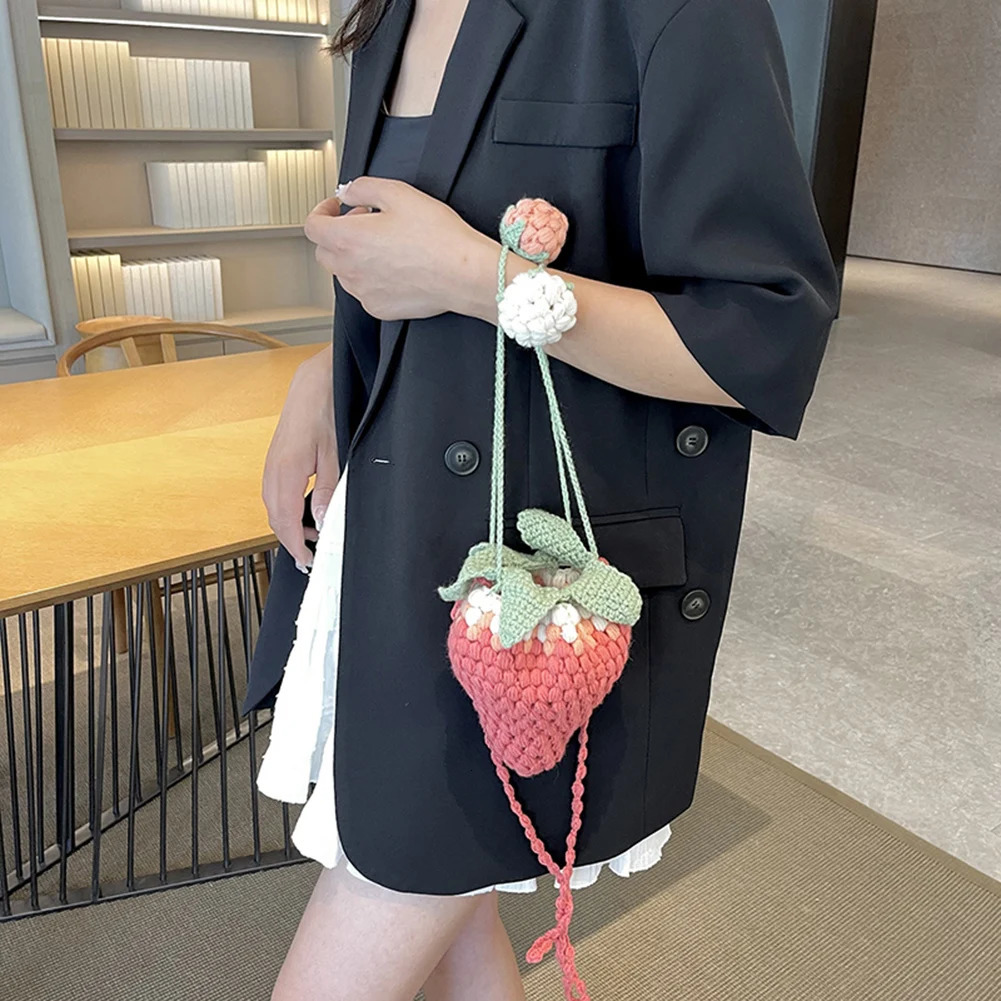 Ship from US Women Kawaii Tote Handbag Versatile Strawberry Crossbody Bag Casual Woven Satchel DIY Cartoon Crochet Bucket Purse 250227FBB
