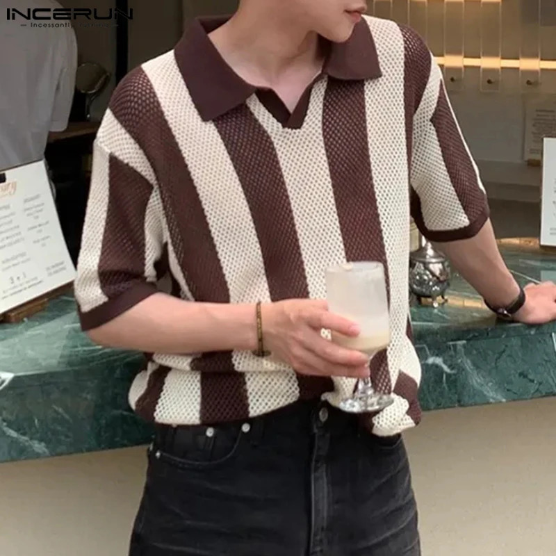 Summer Men Striped Shirt Lapel Short Sleeve Hollow Out See Through Casual Men Clothing Streetwear Fashion Shirts INCERUN 250224
