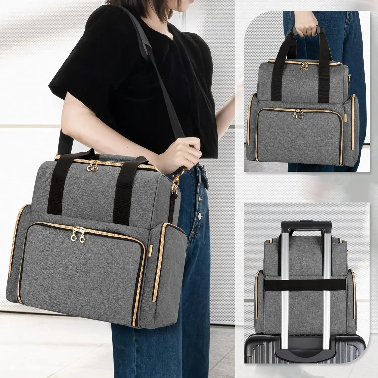 Ship from US Large Travel Makeup Bag with 3 Removable Cases Cosmetic Detachable Dividers Patent Pending Gray 250227FBB