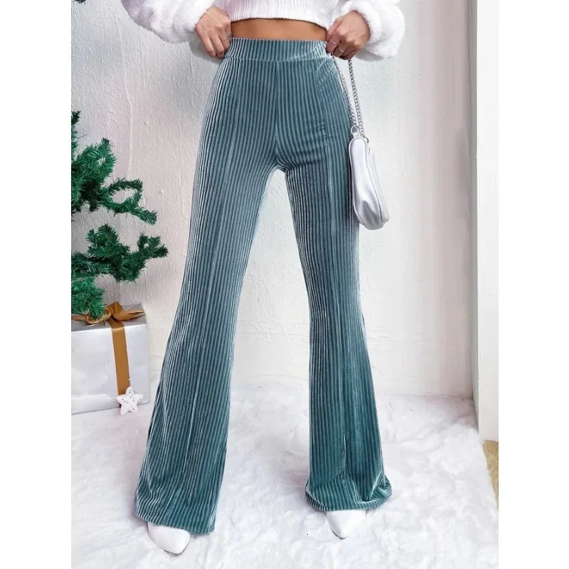 Solid Color Womens Velvet Pants Bell Bottom Flare Pants High Waist Warm Long Pants 250226