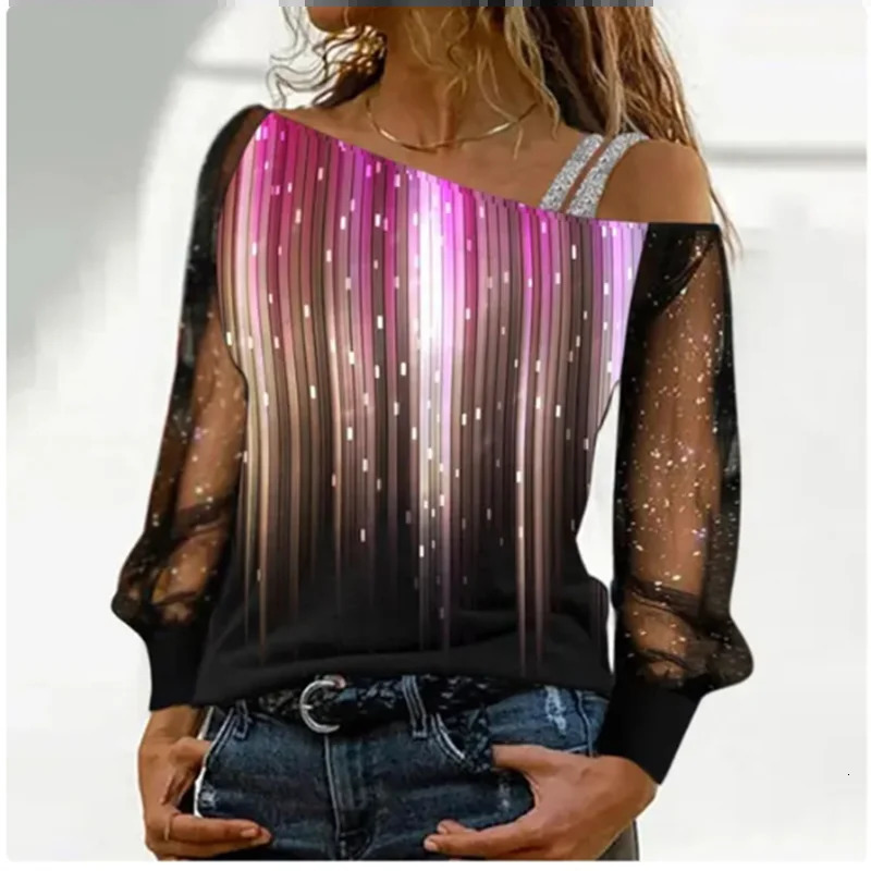 Silver shoulder strap transparent sleeve sequin shirt womens sexy Tshirt Christmas tree print long sleeved top 250226