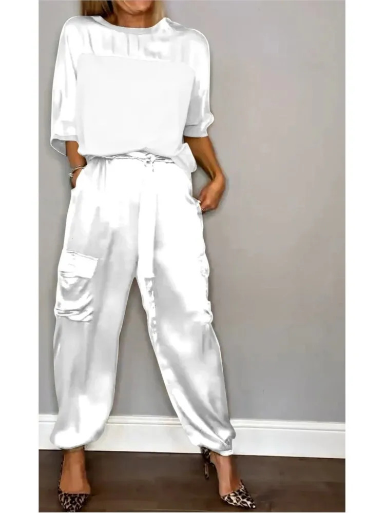 For Women Spring Summer Fashion Solid Color Satin Two Piece Set O Neck Long Sleeve Top Long Pants Casual Loose Two Piece Set 250320