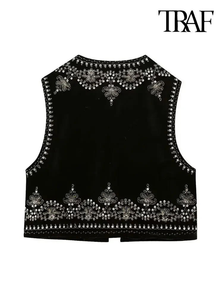 TRAF Women Fashion With Sequin Floral y Crop Waistcoat Vintage O Neck Sleeveless Female Outerwear Chic Vest Tops 250226