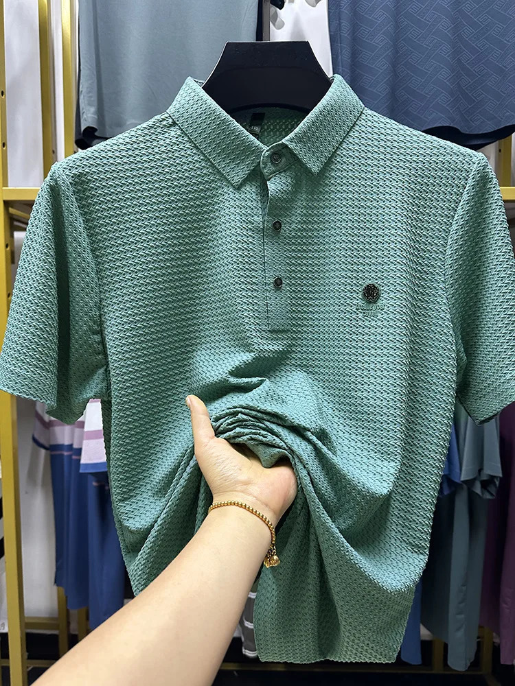 Mens Short sleeved Polo Shirt Summer Style Waffle Fashion High end Ice Top Silk Casual T-shirt 250225