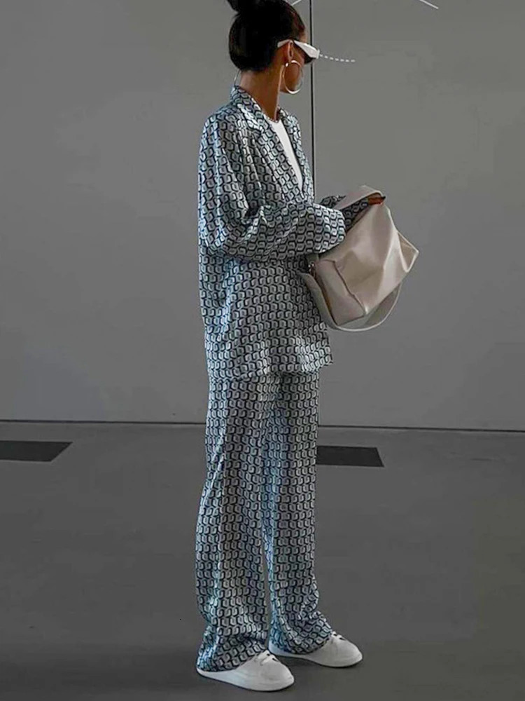 Autumn Winter Women Office Satin Suit Sets Printed V-neck Long Sleeve 2 Piece Pant Matching Set 250226