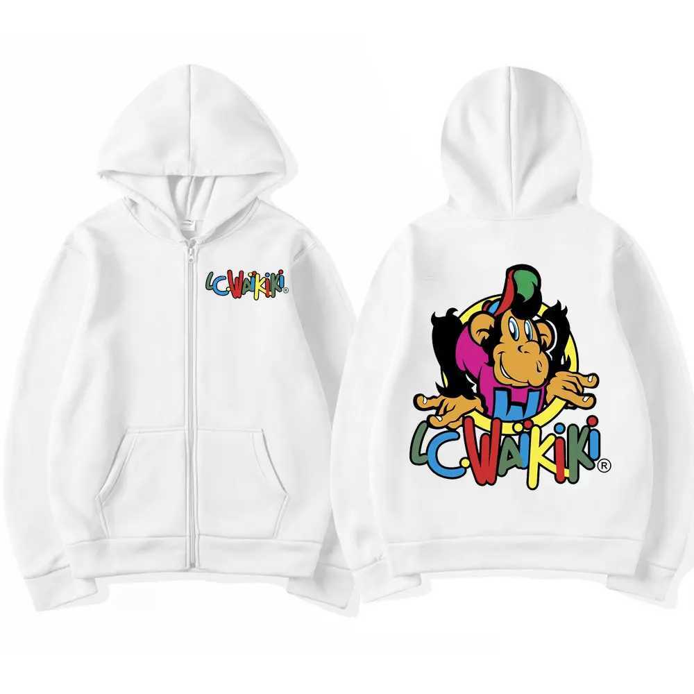 Lc Waikiki Monkey Print Zipper Hoodies Men Women Fashion Y2k Aesthetics Zip Up Sweatshirts High Quty Flce Loose Pullovers X250227