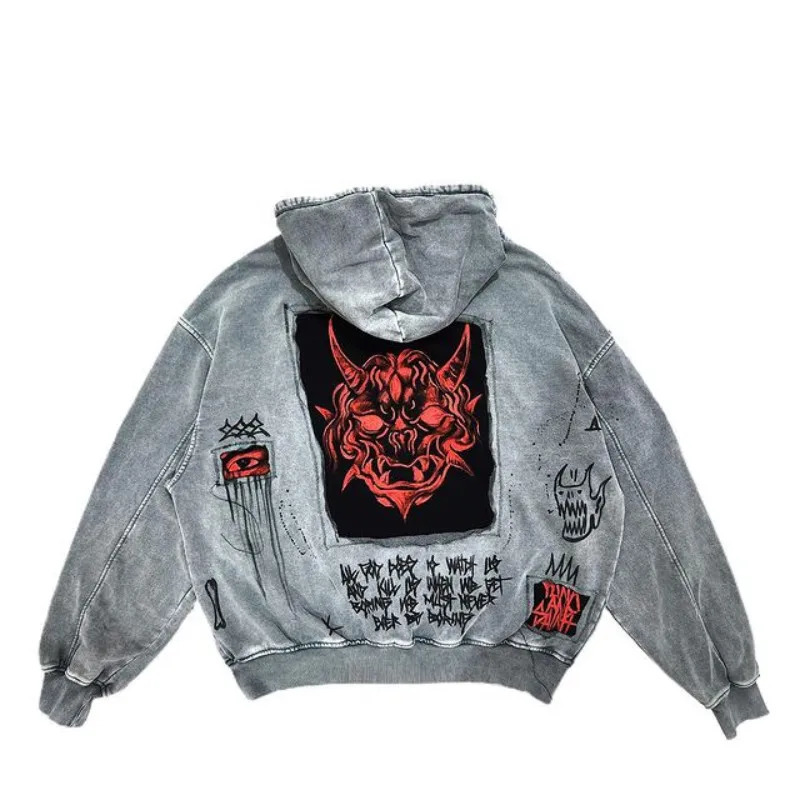 American Y2K heavyduty washed retro devil print street high dark Harajuku neutral loose hooded sweater 250226