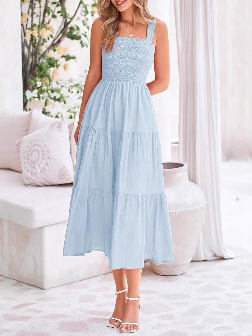 L140 Casual Dress Bohemian Sleeveless Strapless Maxi Dress Shirred Layered Summer Dress
