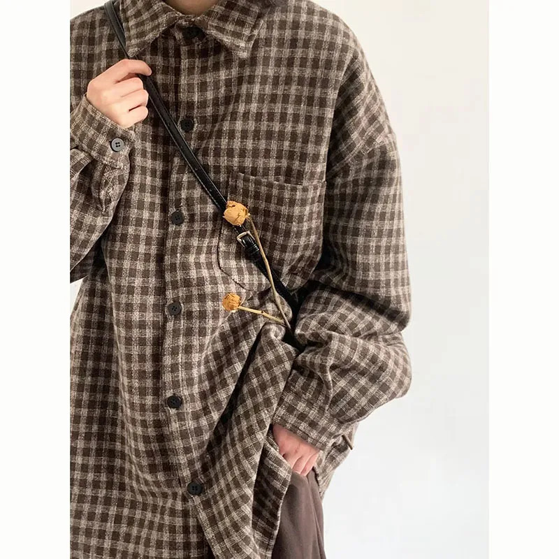 Spring Casual Shirt Men Vintage Check Baggy Long Sleeves Preppy Rollneck Cargo Tops Japanese INS Oversize Jacket Unisex 250226
