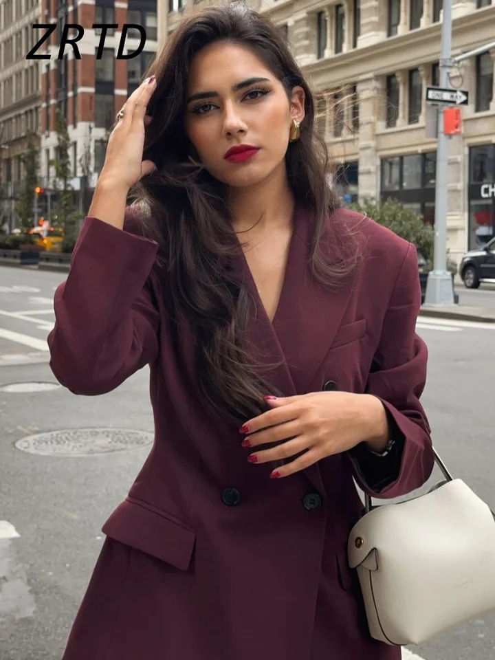 Vintage Womens Burgundy Blazers Elegant Lapel Double Breasted Pocket Full Sleeve Suit Jacket Autumn Lady Office Outwear 250226