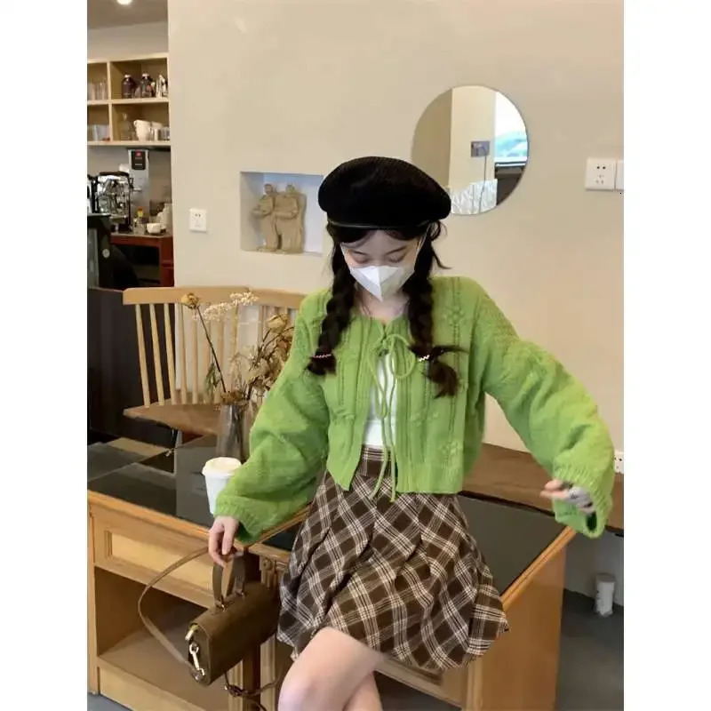 WoVanyi Realistic Pricing In Stock Green Tied Knitted Open cardigan Womens Cutting Autumn Lantern Sleeve Sweater 250225