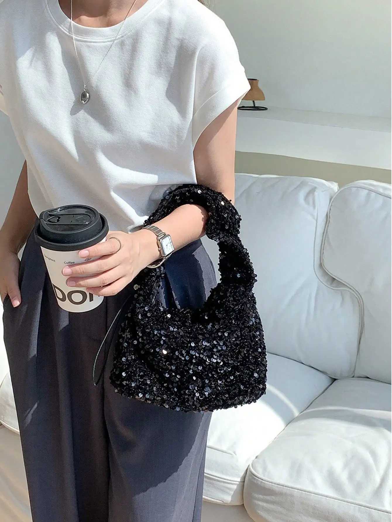 Fiable blingbling handbag 2024 new fi handbag black sequined handbag for women say sequined shoulder armpit bagXJ250227