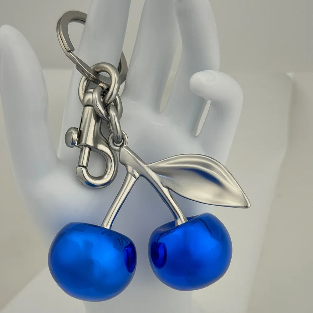 Fashion Mirror Blue Cherry Keychain Summer Fruits Cherries Pendant Keyring For Women Men Jewelry Bag Accessories Gift 250227