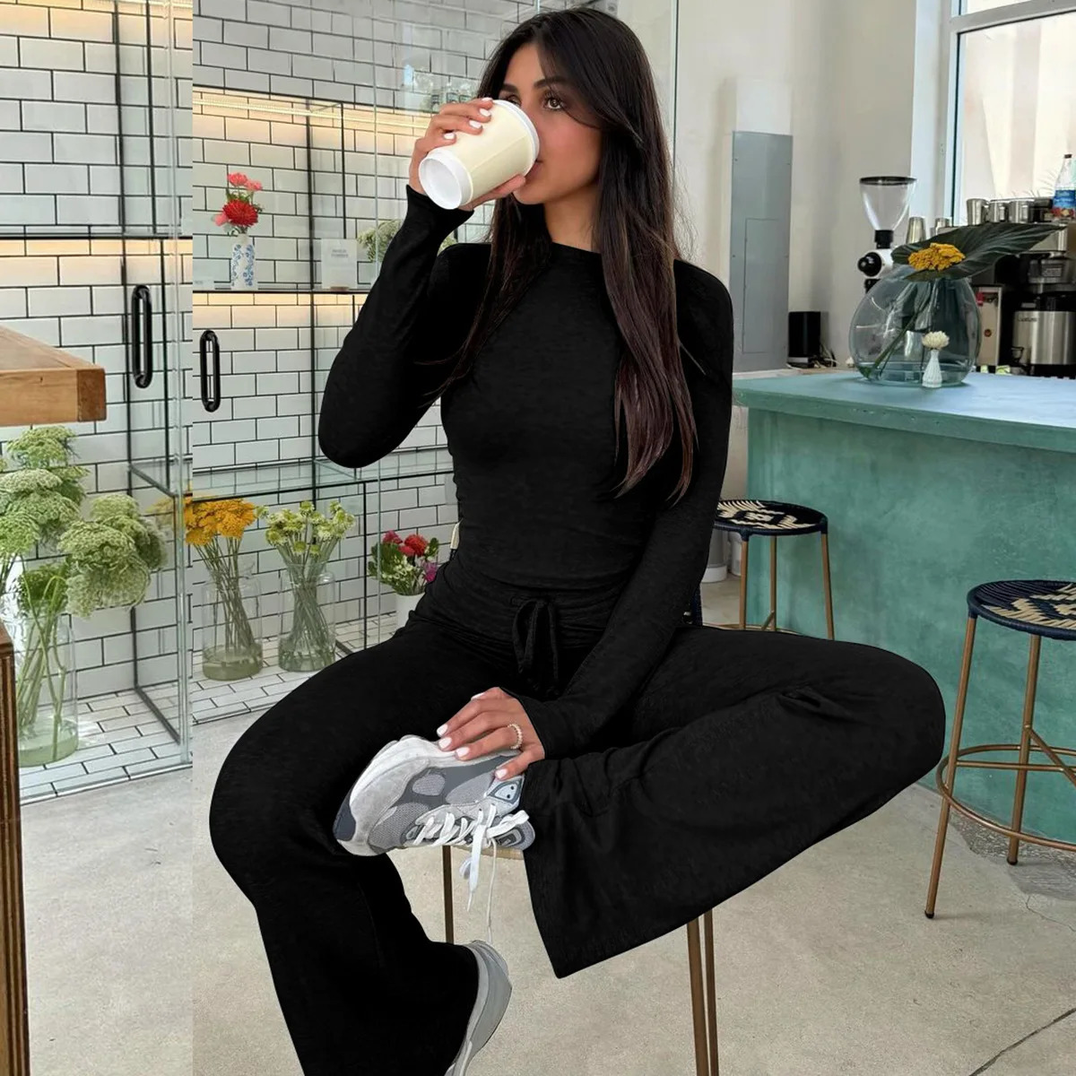 Elegant Solid Two Piece Sets Women Long Sleeve Slim ONeck Crop Tops Drawstring Flare Pants Suit Lace Up Outfits Streetwear 250226