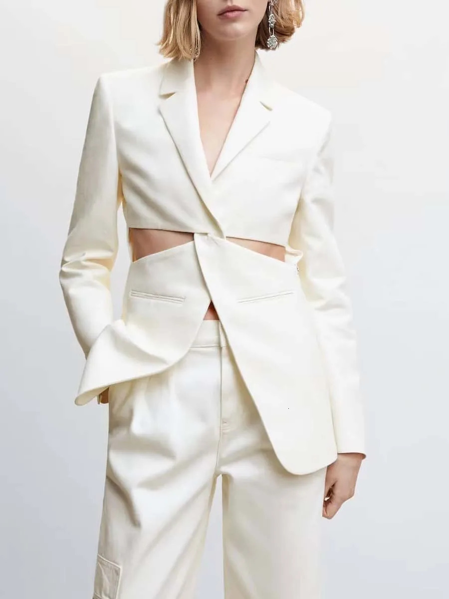 Hollow Out Beige Blazer Women Autumn Casual Long Sleeve Jacket Female Fashion Cut Solid Color High Street Slim Coats 250227