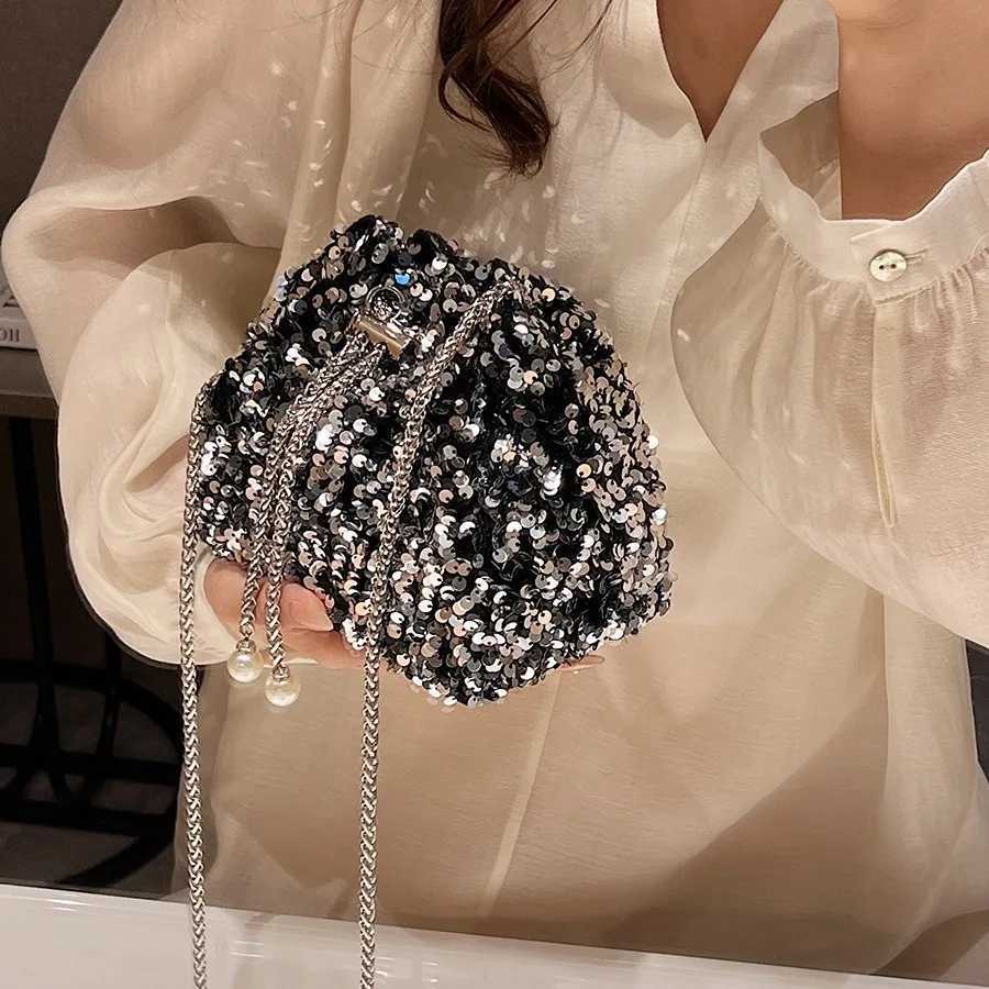 Female Persality Sequin Bag Female Korean Version Bucket Bag Color Style Shoulder Bag Female Crossbody Dinner BagXJ250227