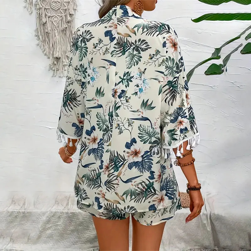 Two Piece Set For Women Outfits Open-front Cardigan Smock Flower Printed Beach Shorts Summer Suits Female Clothing Beachwear 250226