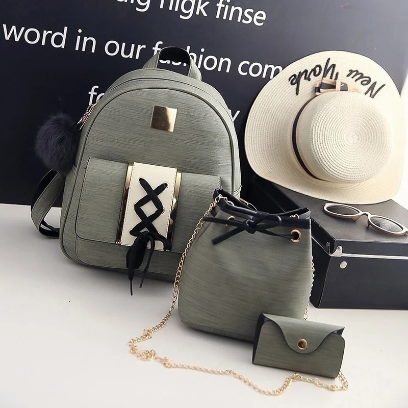Ship from US 3PcsSet Women Backpack Set pu leather female casual backpack bucket bagpurse bags for teenagers girls crossbody 50 250227FBB