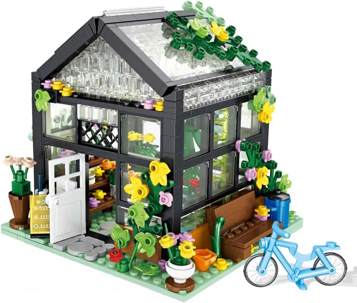 Creative Bouquet Store House Bookstore Model Building Block City Landscape Summer Tent Coffee Shop Girl Toy Children Cute Gift Y250227