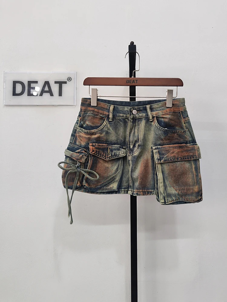 DEAT Womens Denim Skirts Multiple Pockets Patchwork Washed Lace-up Cargo A-line Mini Skirt 2025 Spring Fashion 29L3411 250226