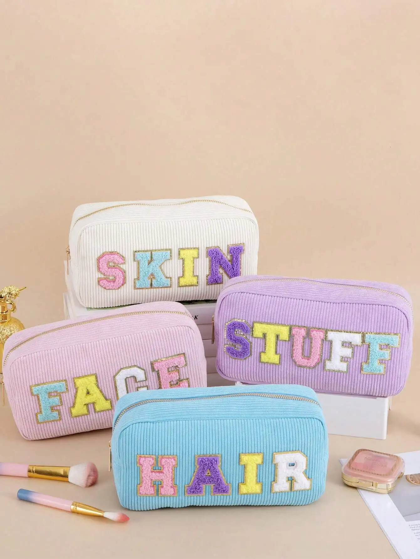 Ship from US 1Pc4Pcs Women Girls Preppy Travel Corduroy Chenille Letter Patches Skincare Face Hair Stuff Makeup Pouch Cosmetic Bags Z 250227FBB