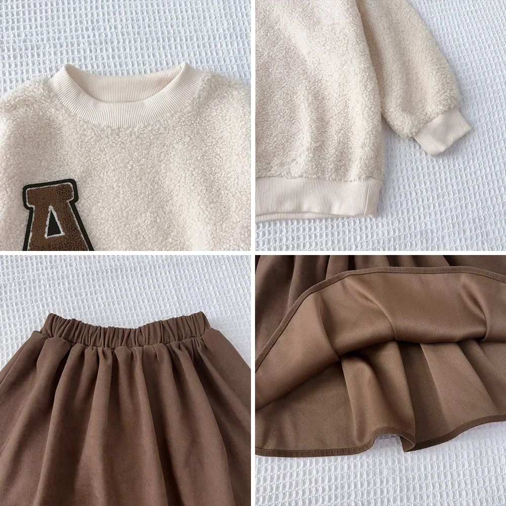 Bear Leader 3-7 Year Old Autumn and Winter Plain Kids Clothes Girls Long Sleeved Plush A-line TopShort Skirt Two-piece Set 250227
