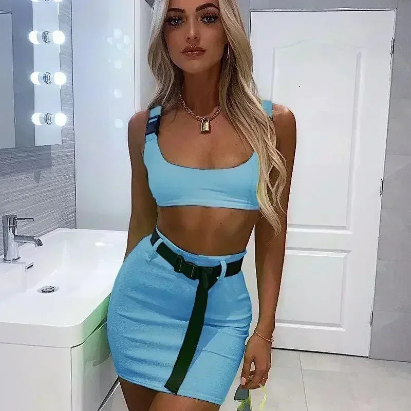 Women Sexy Fluorescent 2 Piece Skirt Set Streetwear Tank Crop Top Bandage Buckle Bodycon Mini Skirt Neon Blue Pink Outfits 250226
