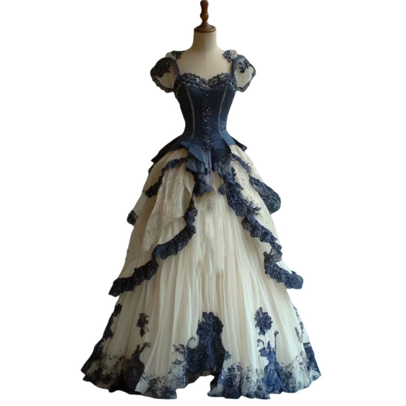 Medieval Vintage Princess Prom Dresses Lace Appliques Navy And Champagne Floor length A-Line Evening Gowns Sweetheart Neckline Short Sleeves Formal Pa