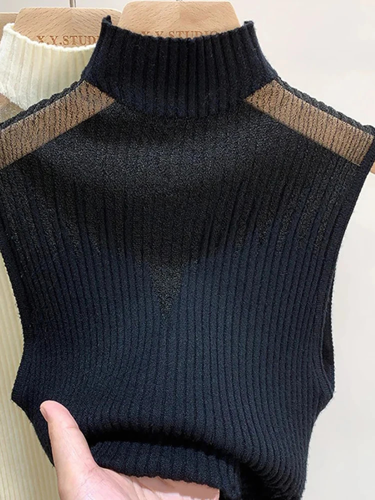 Mesh Knitted Top Women Y2K Tank Top Half Neck Vest Female Sleeveless Sweater Chic Cut Out Streetwear Solid Skinny White Tube Top 250226