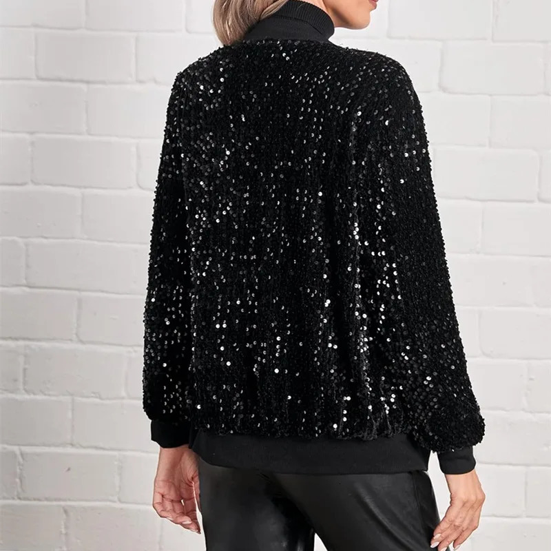 Womens fashionable Oneck long sleeved zipper cardigan top casual version solid color jacket street shiny sequin baseball 250227