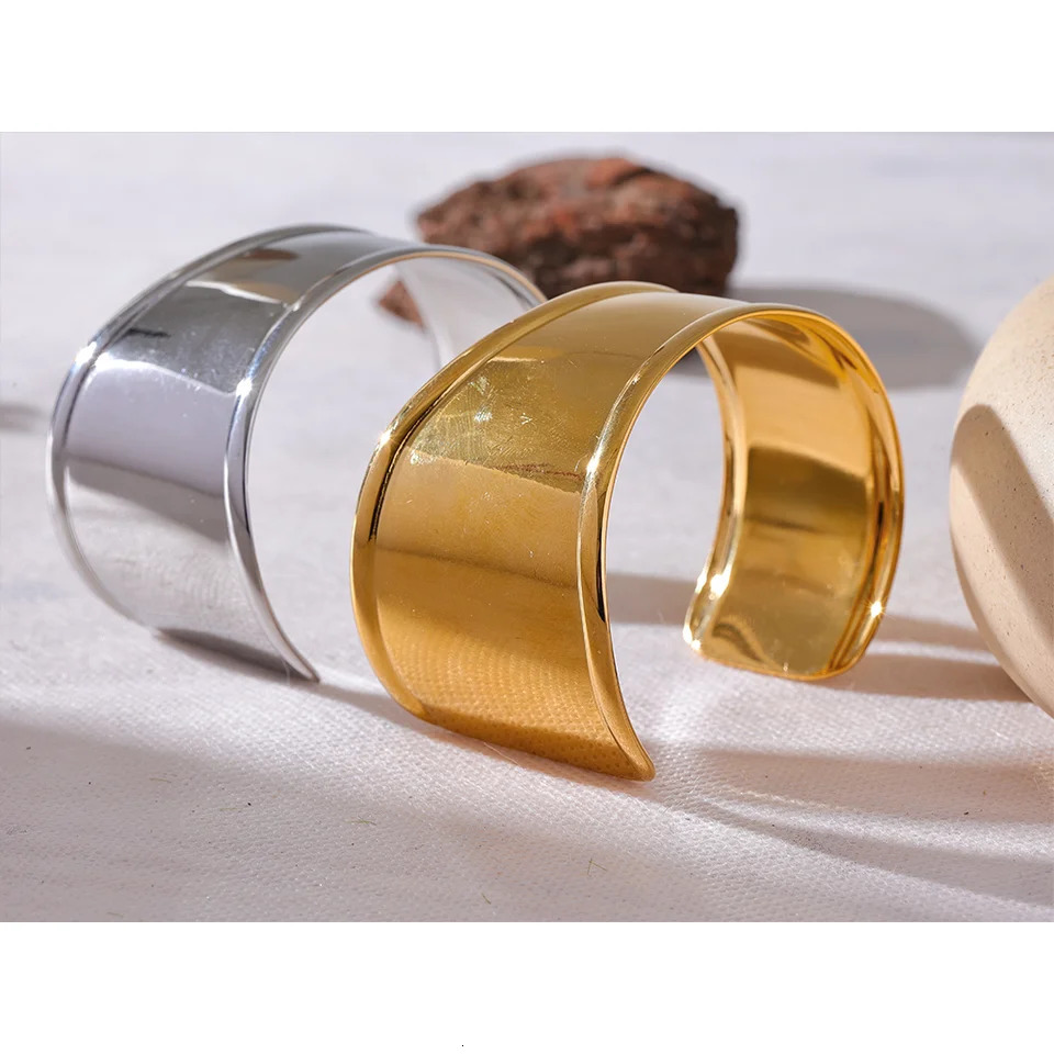 Yhpup High Quality Stainless Steel Metal Wide Cuff Open Bracelet Bangle Waterproof Texture Personalized Unisex Jewelry Bijoux 250227