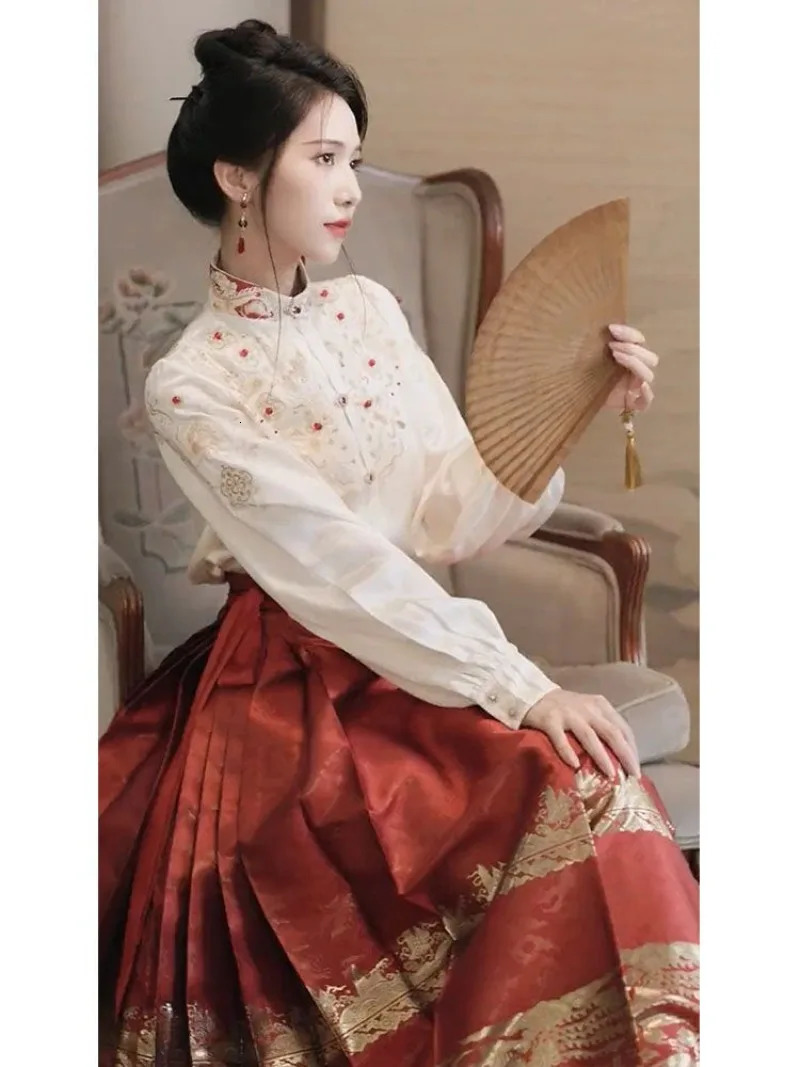 Chinese Style Modified Hanfu Exquisite Embroidery Beading Wedding Party Shirt Women Retro Stand-up Collar Double-breasted Top 250226