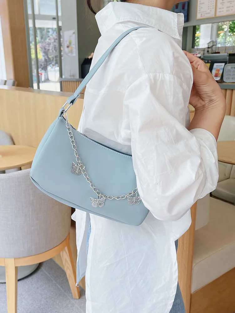 Ship from US Stylish Butterfly Chain Shoulder Shopping Bags Women Small Pure Color Handbags Daily PU Leather Underarm 250227FBB