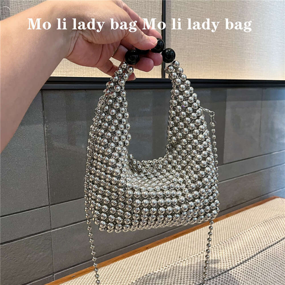 Women's Bags fashionable and high-end silver sparkling bead hand woven Boston handbag diagonal cross bag