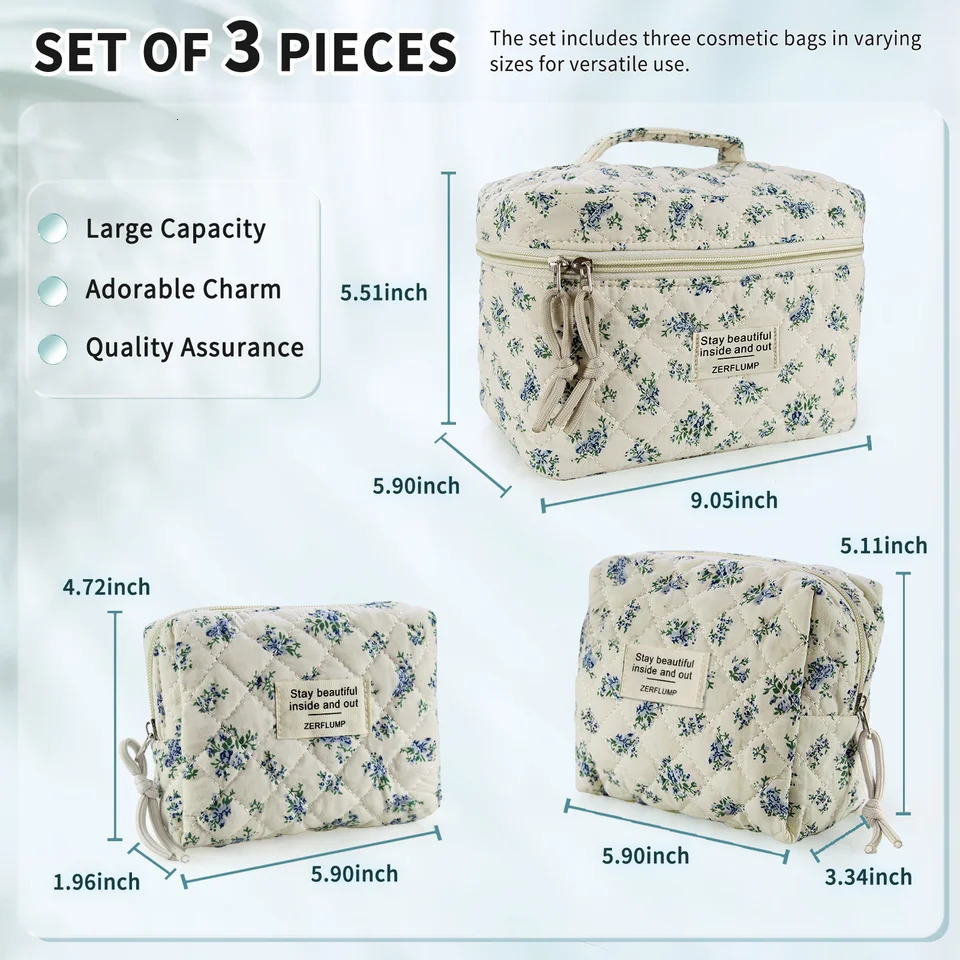 Ship from US Cute Quilted Floral Makeup Bag3PcsCoquette Aesthetic Cosmetic BagTravel Toiletry Bags Kawaii pouch for Women 250227FBB
