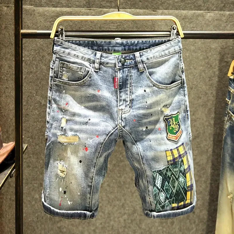 Mens Denim Shorts Red Ripped Straight Multi Color Short Jeans Pants Streetwear Original Vintage Y2k Fashion Stretch Cut 250226