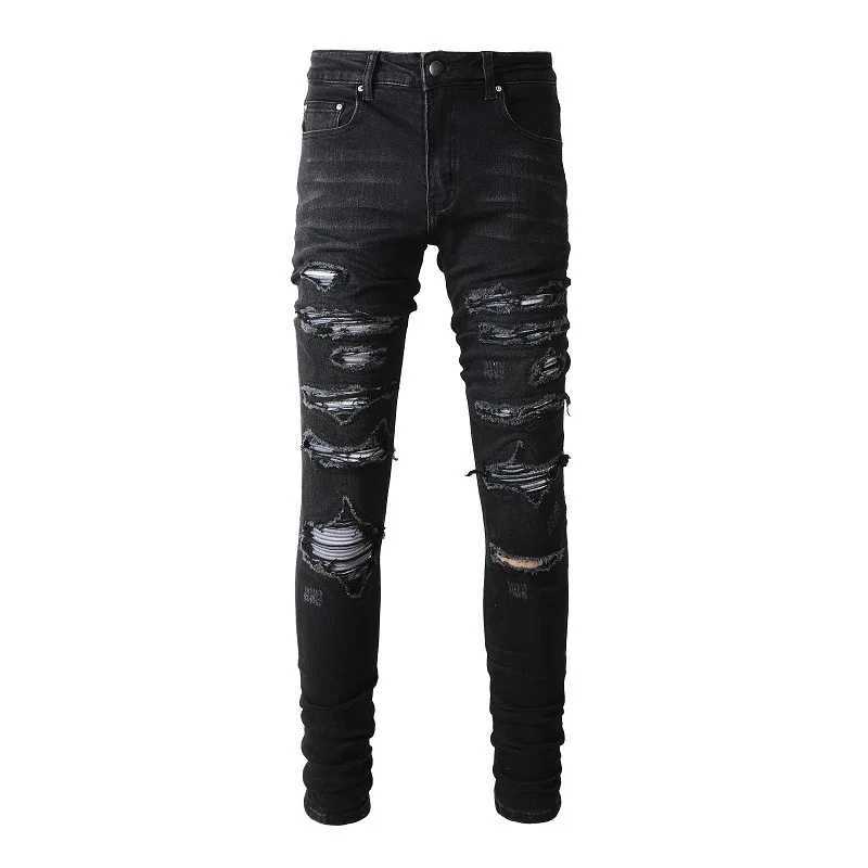 2024 High Street Trend Europe and The United States Street Trend Ripped Patch Jeans High Street Trend Mens Stretch Slim Pants X250227