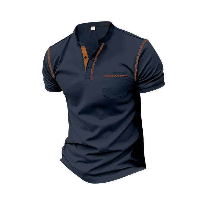 2024 Summer Short sleeved Henley Shirt Men's Round Neck Color Block T-shirt