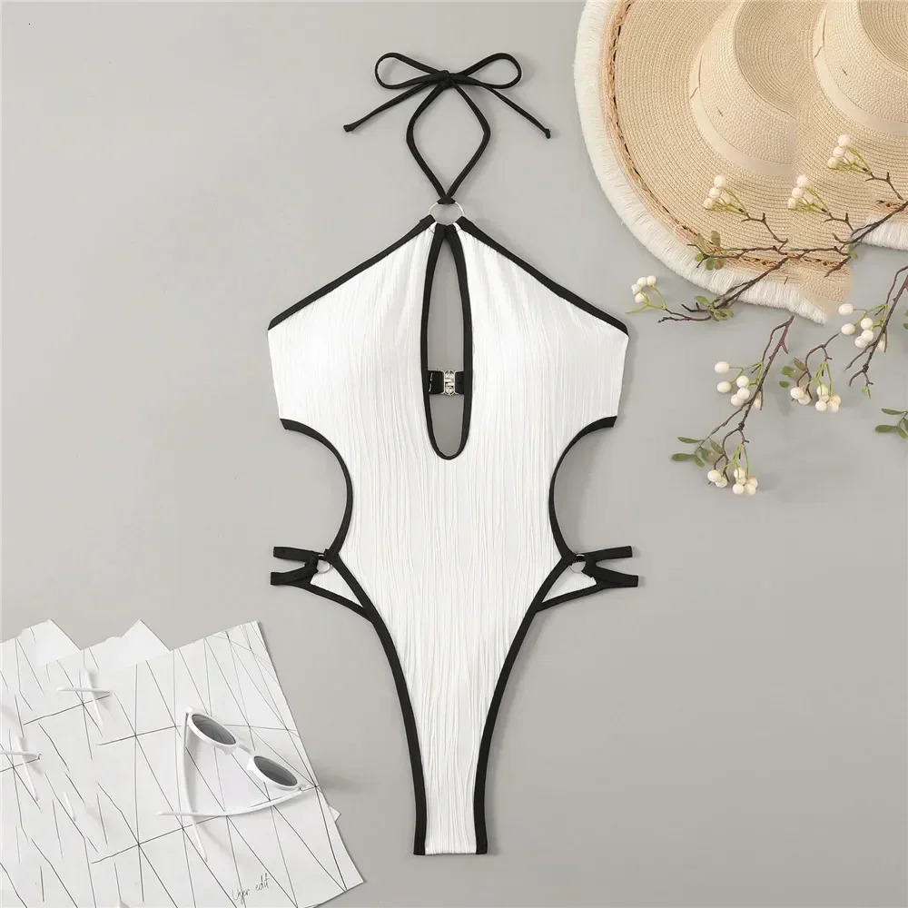 Sexy White Backless Swimwear Women One Piece Swimsuit Hollow Out Monokini Bathing Suit String Halter Swimming Wear Bather 250227