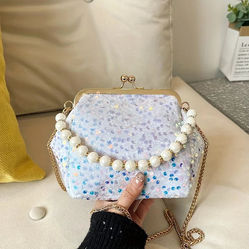 Ship from US Sequins Crossbody Bag Shiny Pearl Handbag Womens Chain Clip Purse For Evening Party Prom Banquet 250227FBB