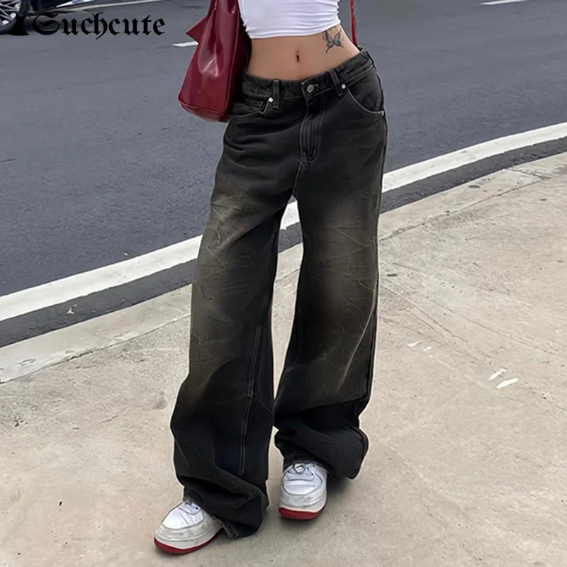 SUCHCUTE Low Waist Jeans for Women Goth Y2k Style Baggy Punk Wide Leg Denim Pants Kpop Casual Loose Streetwear 250226