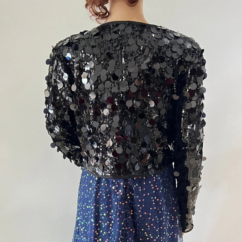 Spring Niche Fashion Heavy Industry Sequined Versatile Long Sleeve Jacket Womens Trendy Party Club Top 250227
