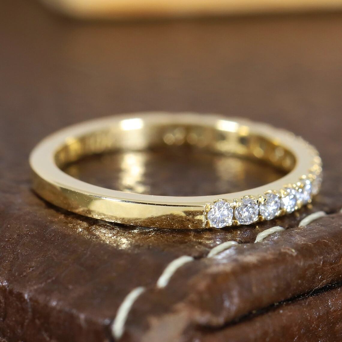 14k yellow gold classical lab diaond half pave eternity match ring solid gold hpht cvd diamond wedding band ring for women real gold fine jewelry
