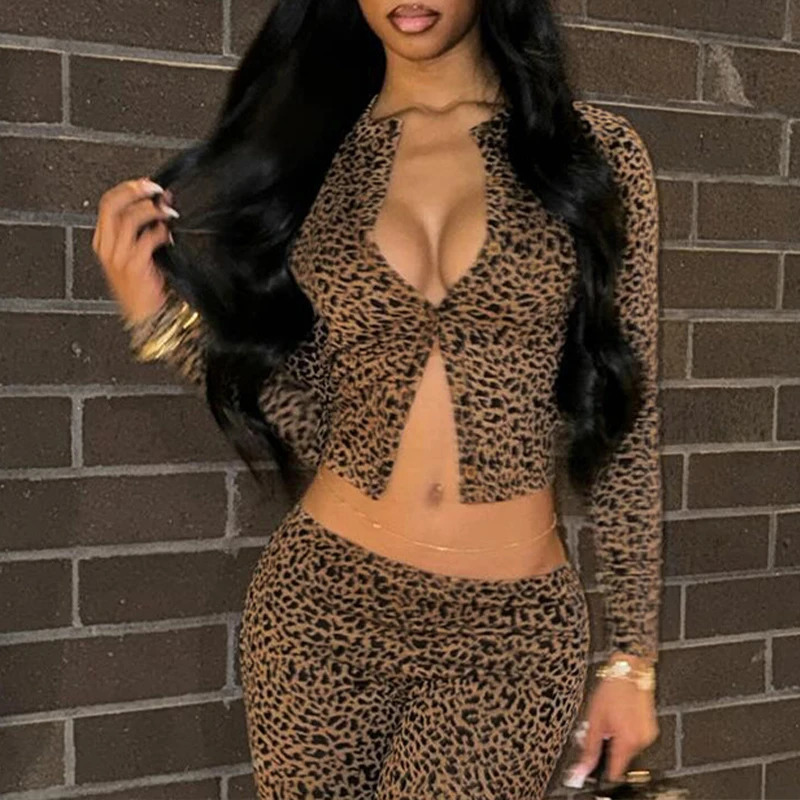 OMSJ 2025 Autumn Leopard Printing Long Sleeve Cardigan TopSkinny Legging Club Party Fashion Two Pieces Sets Trendy Tracksuits 250226